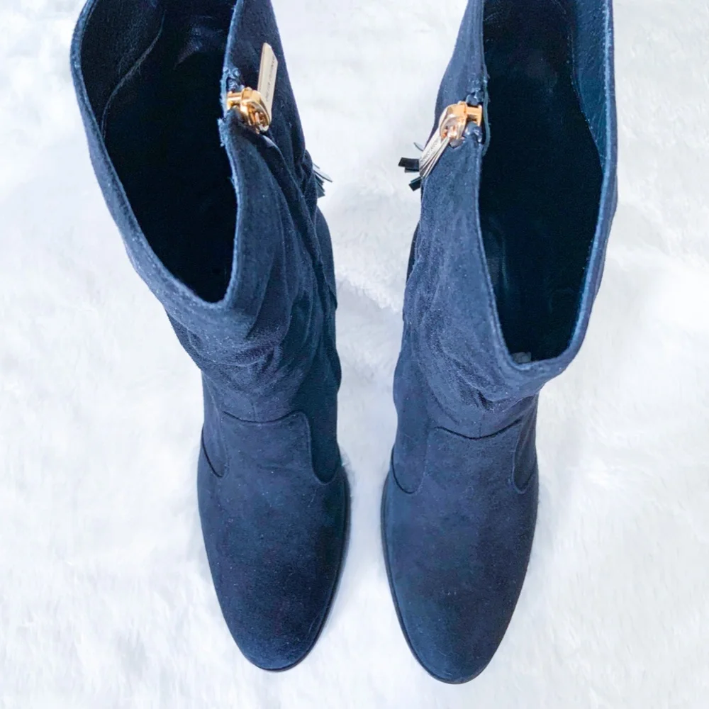$498 | Loretta Pettinari | Suede Leather Black Ankle Boots Tassel Block Heel 40